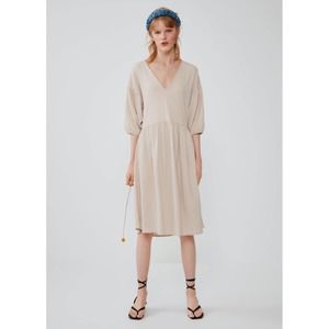 ZARA‎ Beige Loose-Fitting Textured Shift V-Neck Dress